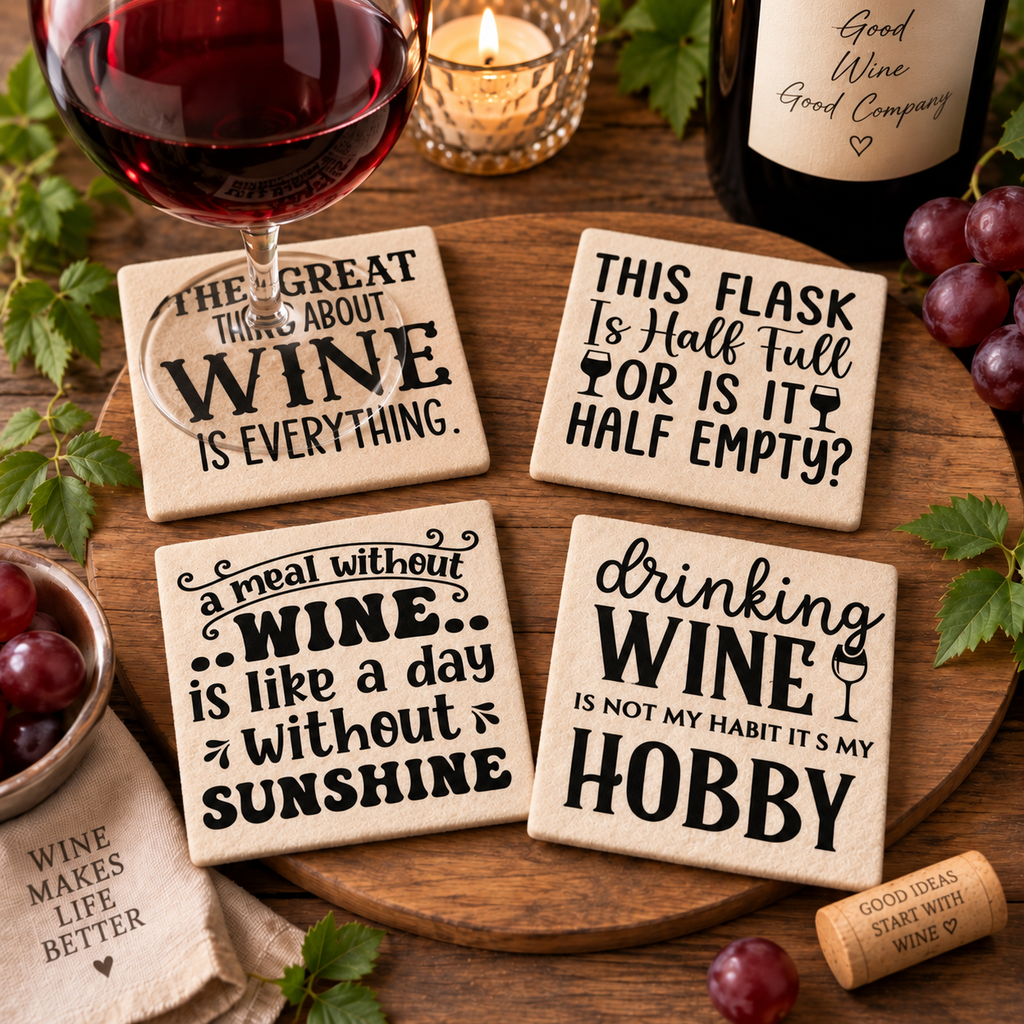 Funny Wine Coaster Set of 4 – Handmade Felt Drink Coasters – Wine Lover Gift – Funny Home Bar Decor